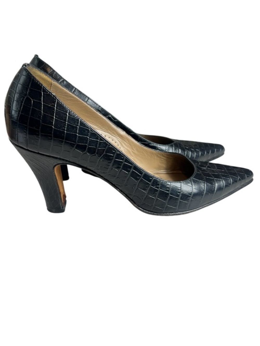 ANYI LU Sophia Black Croc Embossed Leather Pointed Toe Pumps Made in Italy  37.5